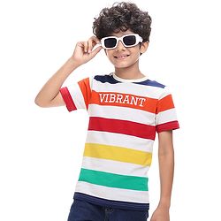 Pine Kids Cotton Knit Half Sleeves T-Shirt with Stripes - White Green Red
