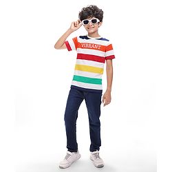 Pine Kids Cotton Knit Half Sleeves T-Shirt with Stripes - White Green Red