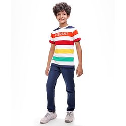 Pine Kids Cotton Knit Half Sleeves T-Shirt with Stripes - White Green Red