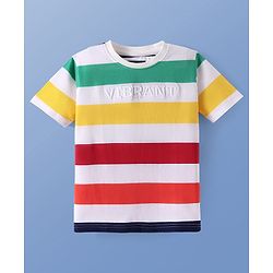 Pine Kids Cotton Knit Half Sleeves T-Shirt with Stripes - White Green Red