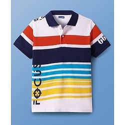 Pine Kids Cotton Knit Half Sleeves Polo T-Shirt with Stripes & Focus Text Print - White & Blue