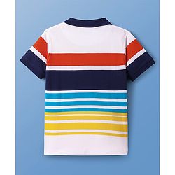 Pine Kids Cotton Knit Half Sleeves Polo T-Shirt with Stripes & Focus Text Print - White & Blue