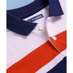 Pine Kids Cotton Knit Half Sleeves Polo T-Shirt with Stripes & Focus Text Print - White & Blue