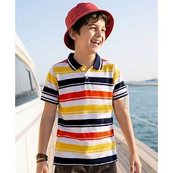 Pine Kids Cotton Knit Half Sleeves Striped Polo T-Shirt - Multicolor
