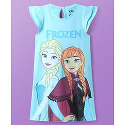 Pine Kids Disney Single Jersey Knit Frill Sleeves Nighty With Elsa & Anna Graphics - Light Blue