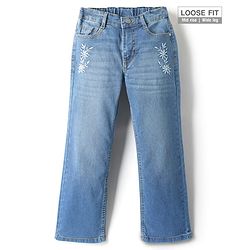 Pine Kids Woven Full Length Washed Denim Jeans With Floral Embroidery - Light Blue