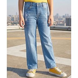 Pine Kids Woven Full Length Washed Denim Jeans With Floral Embroidery - Light Blue