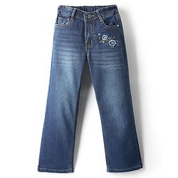 Pine Kids Denim Washed Full Length Jeans With Floral Embroidery - Navy Blue