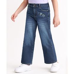 Pine Kids Denim Washed Full Length Jeans With Floral Embroidery - Navy Blue