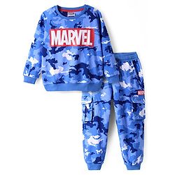 Pine Kids Marvel Terry Knit Full Sleeve T-Shirt &  Lounge Pant Set With Marvel Graphic And Cargo Pockets - Blue