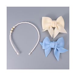 Pine Kids Pearl Hairband & Hair Clip with Bow Applique Accessories Combo Set - Light Blue & Cream