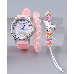Pine Kids Analog Watch Unicorn Print With Beaded Bracelet Set - Pink