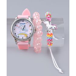 Pine Kids Analog Watch Unicorn Print With Beaded Bracelet Set - Pink