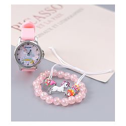 Pine Kids Analog Watch Unicorn Print With Beaded Bracelet Set - Pink