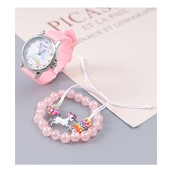 Pine Kids Analog Watch Unicorn Print With Beaded Bracelet Set - Pink