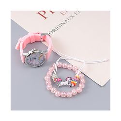 Pine Kids Analog Watch Unicorn Print With Beaded Bracelet Set - Pink