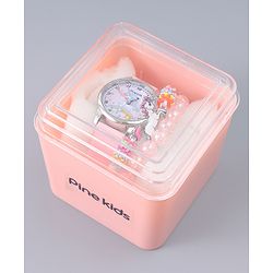 Pine Kids Analog Watch Unicorn Print With Beaded Bracelet Set - Pink