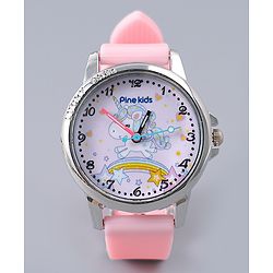 Pine Kids Analog Watch Unicorn Print With Beaded Bracelet Set - Pink