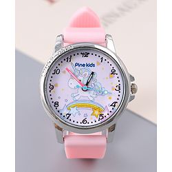 Pine Kids Analog Watch Unicorn Print With Beaded Bracelet Set - Pink