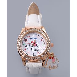 Pine Kids Free Size Analog Watch With Elephant Applique - White