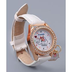Pine Kids Free Size Analog Watch With Elephant Applique - White