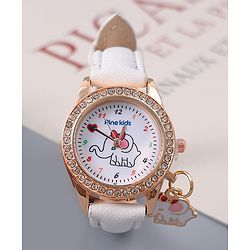Pine Kids Free Size Analog Watch With Elephant Applique - White