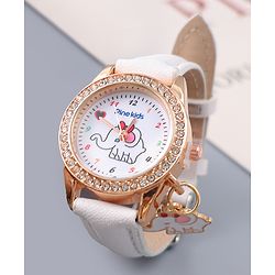 Pine Kids Free Size Analog Watch With Elephant Applique - White