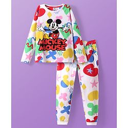 Pine Kids Disney Single Jersey Full Drop Shoulder Sleeves Night Suit with Mickey Mouse Graphic - White & Red