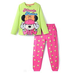 Pine Kids Disney Single Jersey Knit Full Sleeves Night Suit With Minnie Mouse Graphic -  Green & Pink