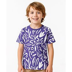 Pine Kids Cotton Knit Half Sleeves T-Shirt with Floral Print - Purple