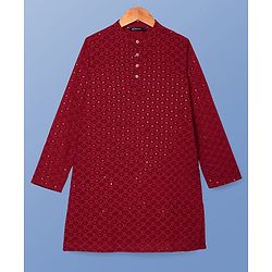 Pine Kids Woven Full Sleeves Kurta Pyjama Set With Floral & Sequin Embroidery - Maroon
