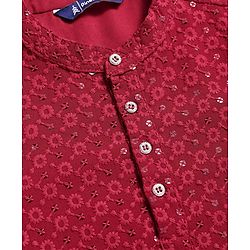 Pine Kids Woven Full Sleeves Kurta Pyjama Set With Floral & Sequin Embroidery - Maroon