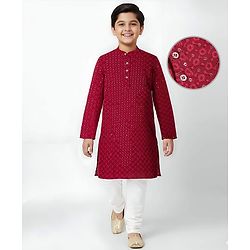 Pine Kids Woven Full Sleeves Kurta Pyjama Set With Floral & Sequin Embroidery - Maroon