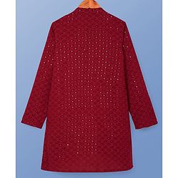 Pine Kids Woven Full Sleeves Kurta Pyjama Set With Floral & Sequin Embroidery - Maroon