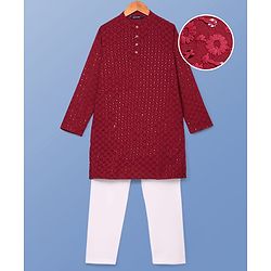 Pine Kids Woven Full Sleeves Kurta Pyjama Set With Floral & Sequin Embroidery - Maroon
