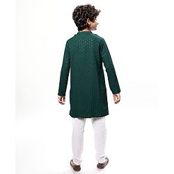 Pine Kids Woven Full Sleeves Kurta Pyjama Set With Sequin Detailing - Dark Green