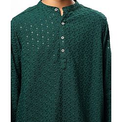 Pine Kids Woven Full Sleeves Kurta Pyjama Set With Sequin Detailing - Dark Green