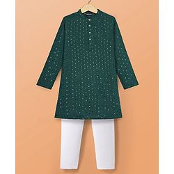 Pine Kids Woven Full Sleeves Kurta Pyjama Set With Sequin Detailing - Dark Green