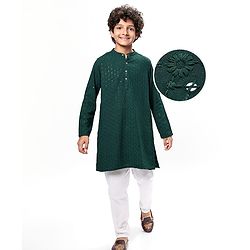 Pine Kids Woven Full Sleeves Kurta Pyjama Set With Sequin Detailing - Dark Green