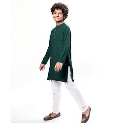 Pine Kids Woven Full Sleeves Kurta Pyjama Set With Sequin Detailing - Dark Green