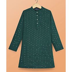 Pine Kids Woven Full Sleeves Kurta Pyjama Set With Sequin Detailing - Dark Green