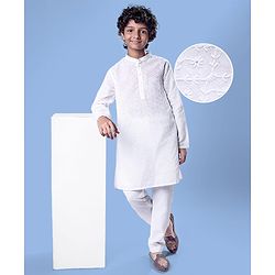 Pine Kids Cotton Woven Full Sleeves Kurta Pyjama Set with Floral Chikankari Work - White
