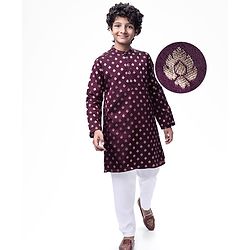 Pine Kids Full Sleeves Woven Kurta Pyjama Set with Floral Embroidery - Wine
