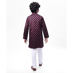 Pine Kids Full Sleeves Woven Kurta Pyjama Set with Floral Embroidery - Wine