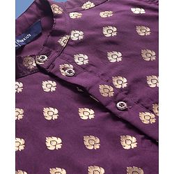 Pine Kids Full Sleeves Woven Kurta Pyjama Set with Floral Embroidery - Wine