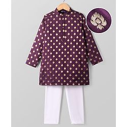 Pine Kids Full Sleeves Woven Kurta Pyjama Set with Floral Embroidery - Wine