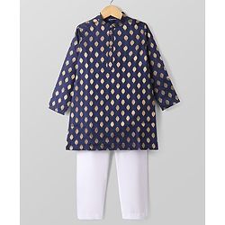 Pine Kids Full Sleeves Woven Kurta Pyjama Set with Floral Embroidery - Navy Blue