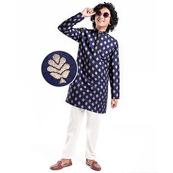 Pine Kids Full Sleeves Woven Kurta Pyjama Set with Floral Embroidery - Navy Blue