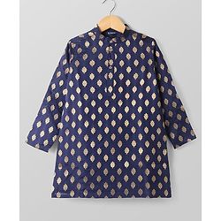 Pine Kids Full Sleeves Woven Kurta Pyjama Set with Floral Embroidery - Navy Blue