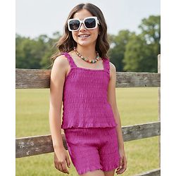 Pine Kids Cotton Woven Singlet Sleeves Top & Shorts Set with Smocking Detailing - Dark Pink